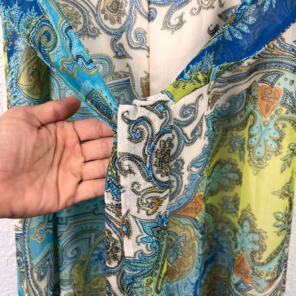 ROULETTE Womens 8 Blue Green Yellow Paisley Sleeveless Accent Tie Back Zip Dress - Picture 7 of 9